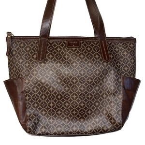COPY - Fossil Mimi Shopper Tote Bag Purse Brown Vegan Leather Geometric Signatu…